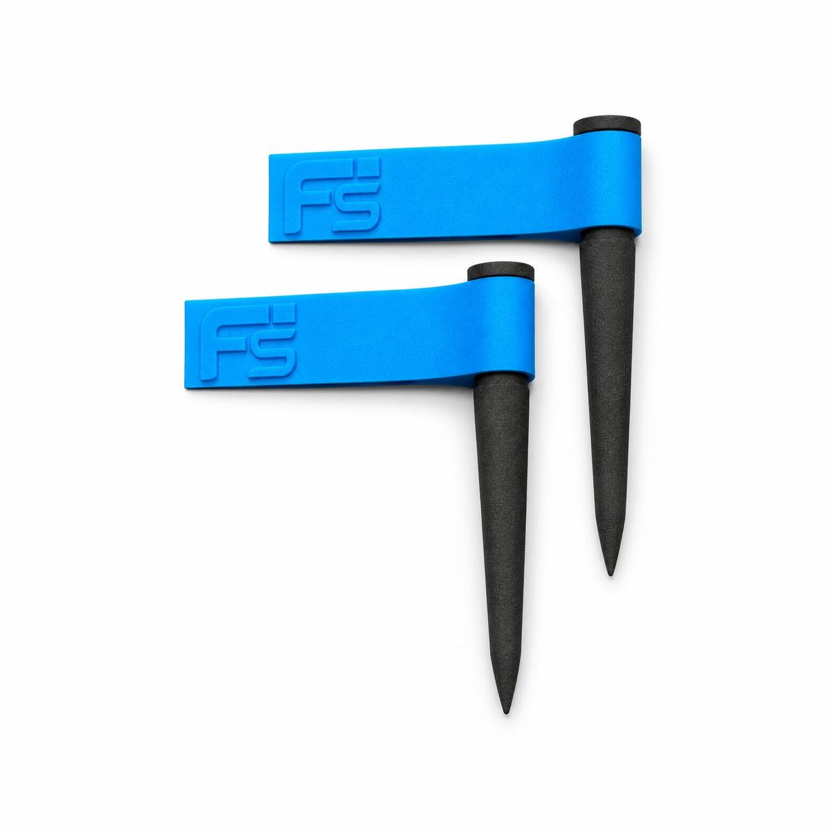 Two FlagSwings up close on white, the FlagSwing logo raised on each blue flag.