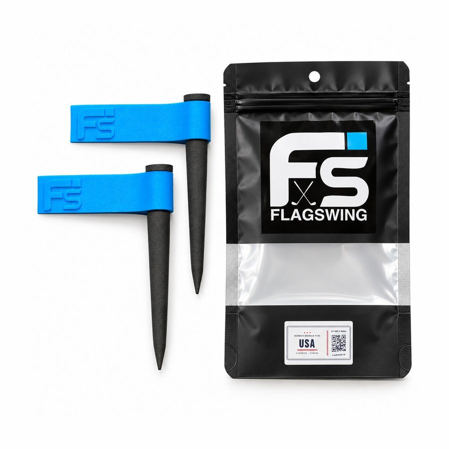 A pack of FlagSwing on white, two FlagSwings, each a black stake with a blue flag, beside the black FlagSwing pouch with its logo and origin label.